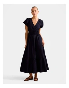 Mara Puff Sleeves Cotton Midi Dress in Navy