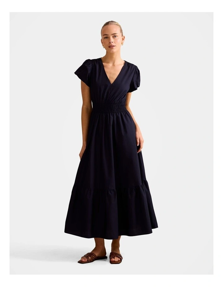 Mara Puff Sleeves Cotton Midi Dress in Navy image 1