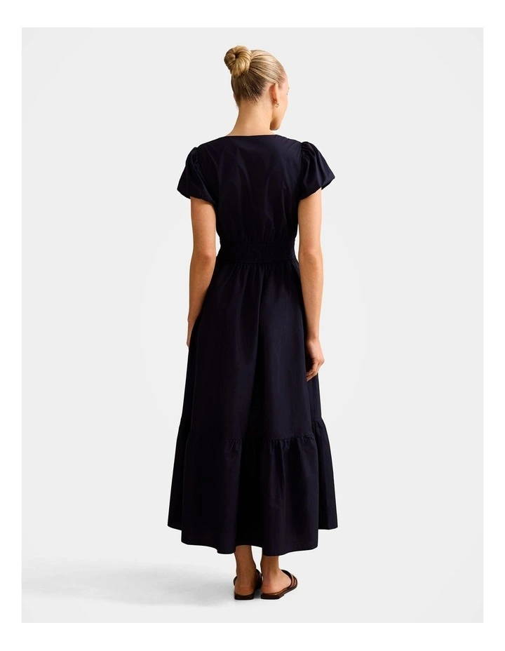 Mara Puff Sleeves Cotton Midi Dress in Navy image 2
