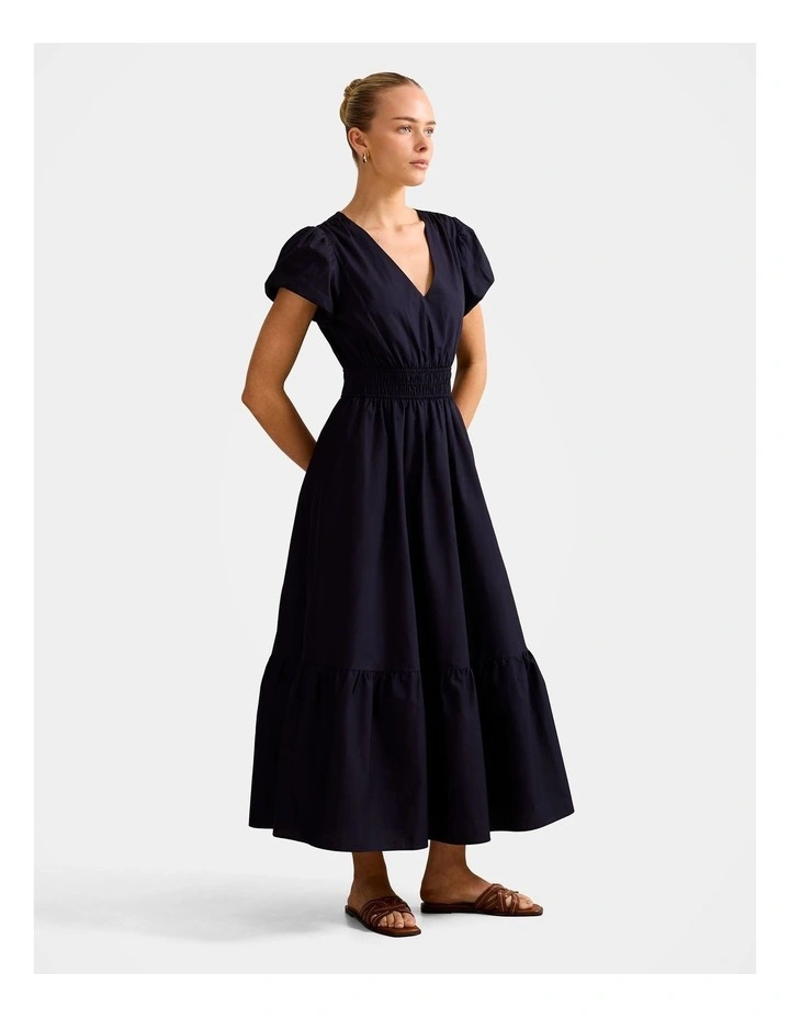 Mara Puff Sleeves Cotton Midi Dress in Navy image 3