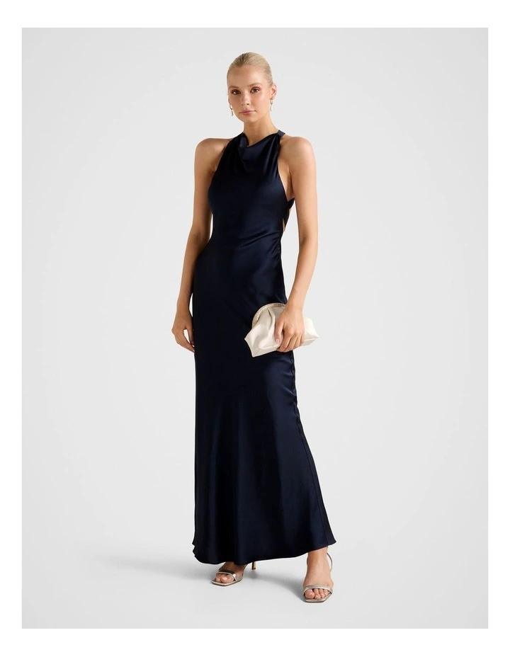 Audrey Satin Backless Maxi Dress in Navy image 3