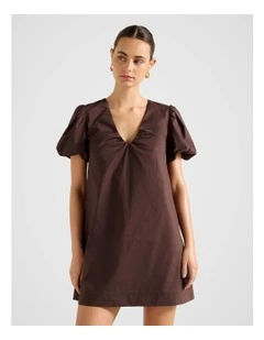 Bonnie Puff Sleeves Cotton Mini Dress in Chocolate
