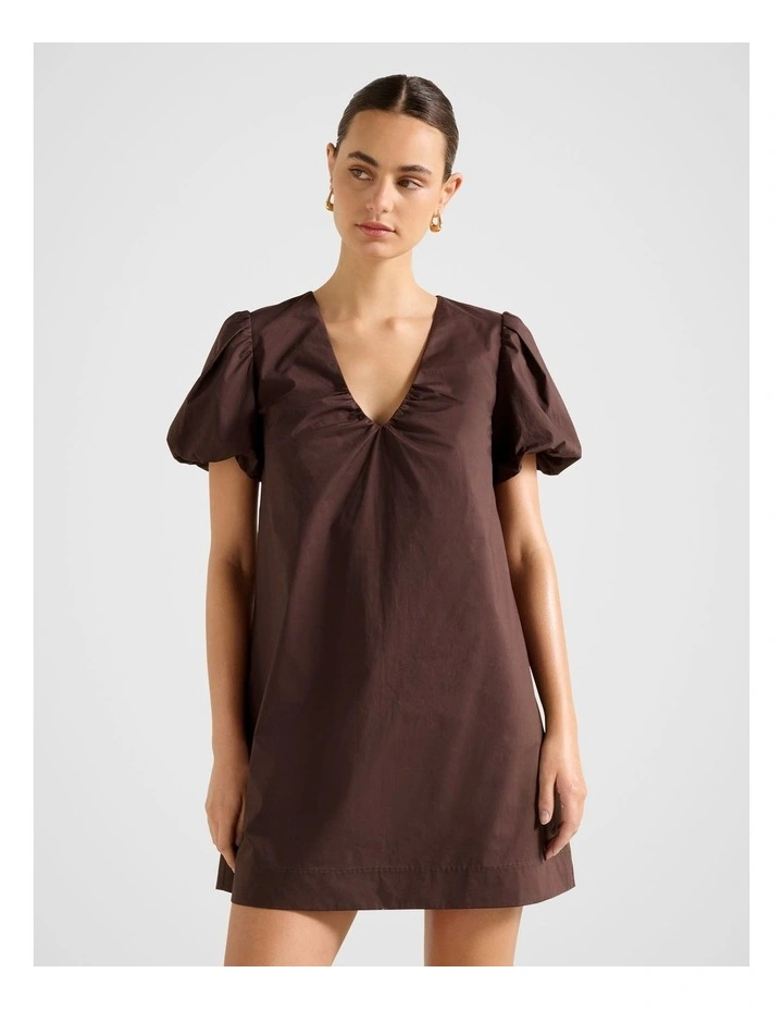 Bonnie Puff Sleeves Cotton Mini Dress in Chocolate image 1