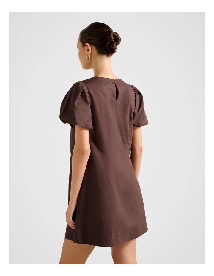 Bonnie Puff Sleeves Cotton Mini Dress in Chocolate image 2