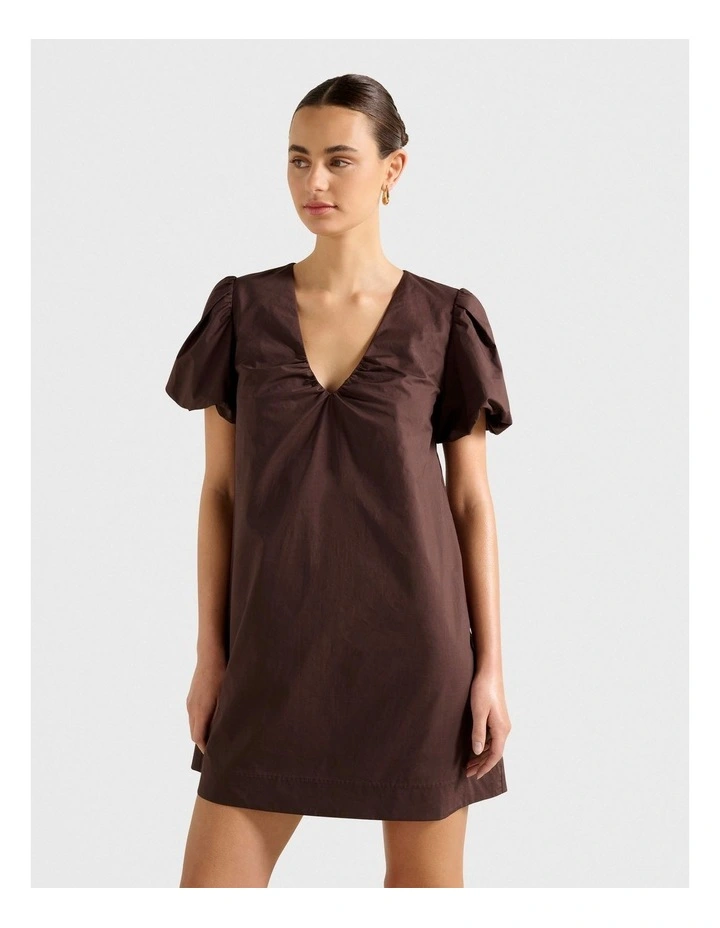 Bonnie Puff Sleeves Cotton Mini Dress in Chocolate image 3