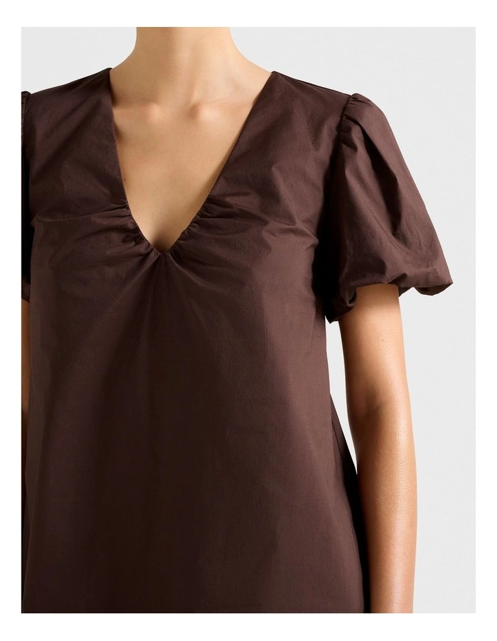 Bonnie Puff Sleeves Cotton Mini Dress in Chocolate image 4