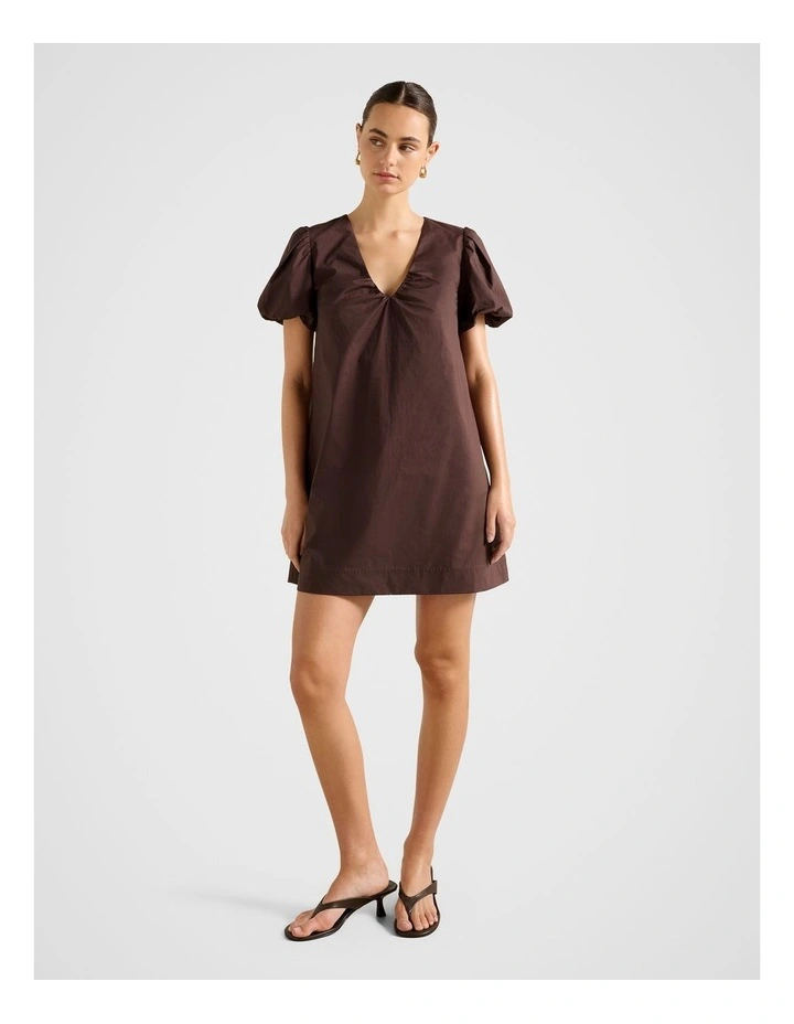 Bonnie Puff Sleeves Cotton Mini Dress in Chocolate image 5