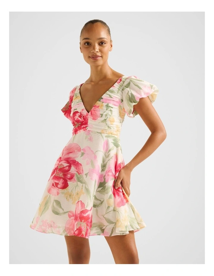 June Ruched V Neck Mini Dress in Multi image 1
