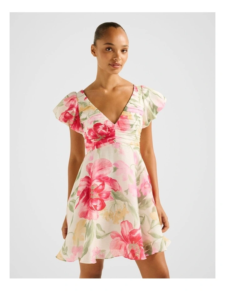 June Ruched V Neck Mini Dress in Multi image 3