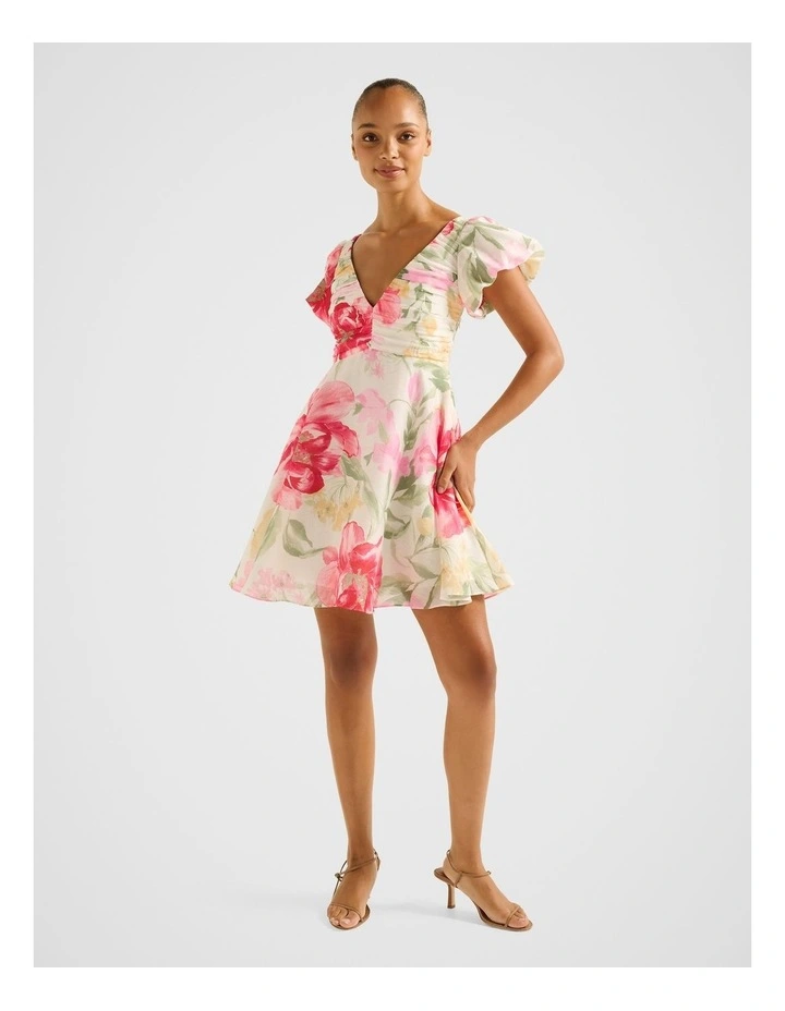 June Ruched V Neck Mini Dress in Multi image 5