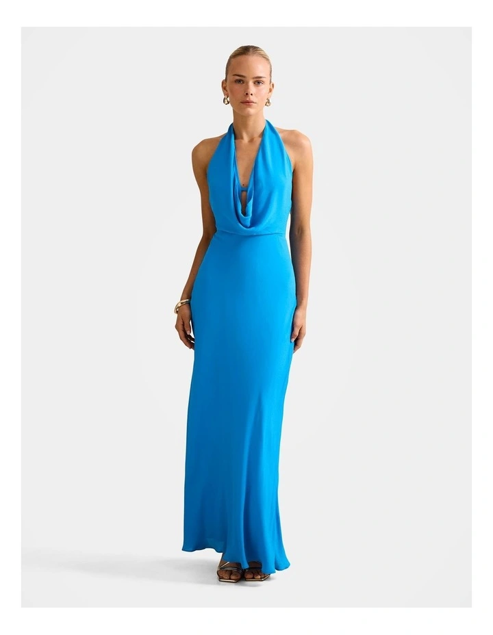 Marina Cowl Front Halter Neck Gown in Blue image 1