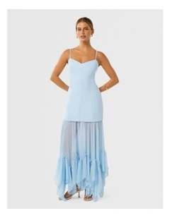 Paris Sheer Ruffle Maxi Dress in Blue
