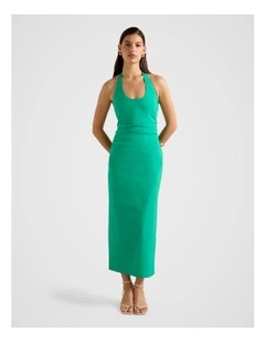 Esmee U-Neck Stretch Linen Midi Dress in Green