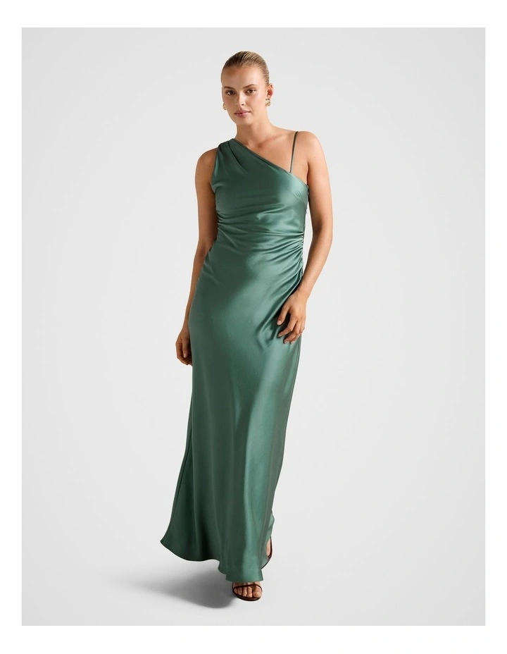 Elle Asymmetrical Satin Maxi Dress in Green image 1