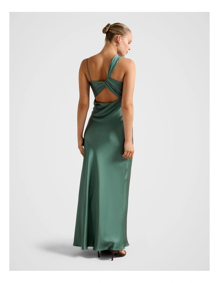 Elle Asymmetrical Satin Maxi Dress in Green image 2