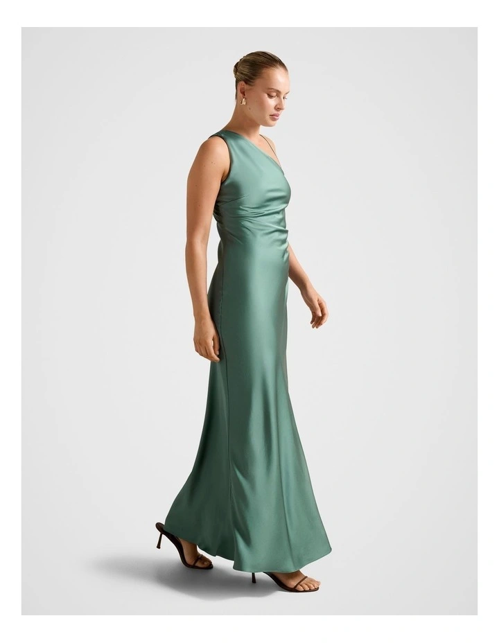 Elle Asymmetrical Satin Maxi Dress in Green image 3