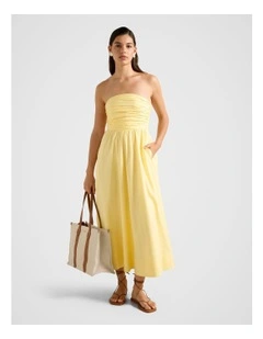Matisse Ruched Strapless Cotton Midi Dress in Yellow