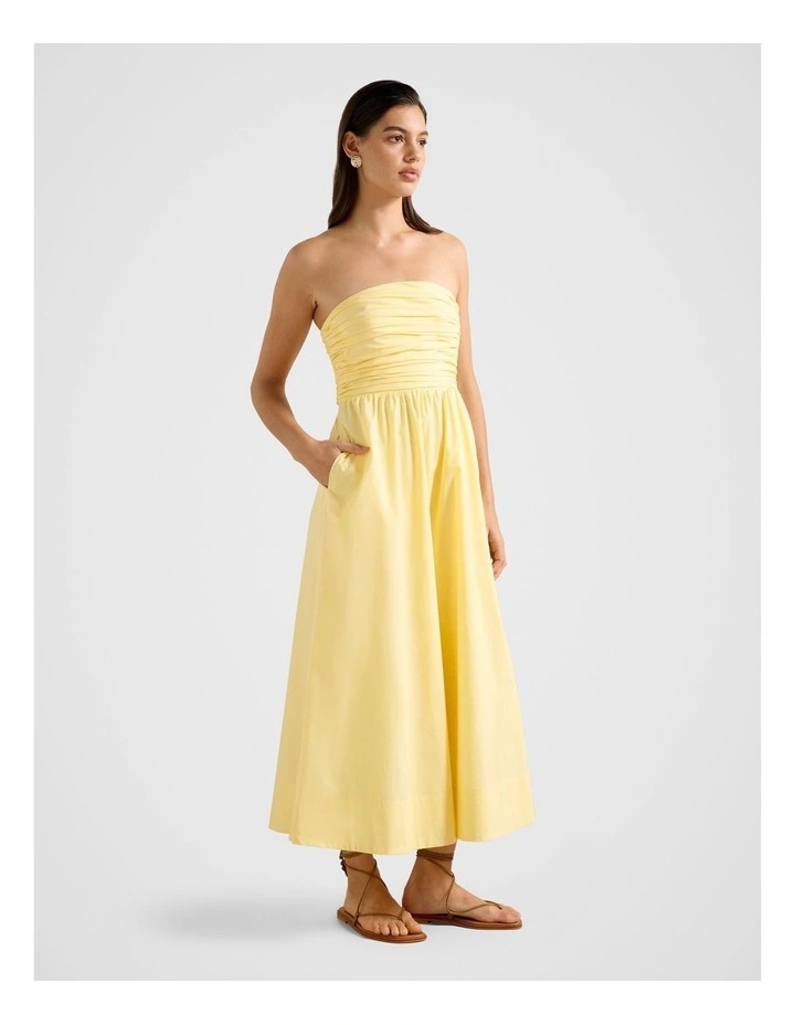 Matisse Ruched Strapless Cotton Midi Dress in Yellow image 3
