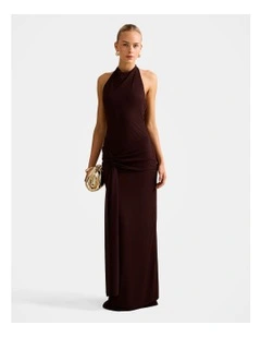 Abby Halter Neck Mesh Maxi Dress in Brown
