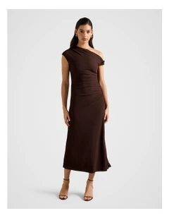 Paris Draped Mesh Midi Dress in Brown
