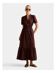 Eleanor Button Down Midi Dress in Brown