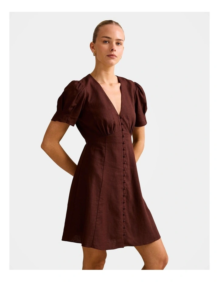 Saffron Linen Mini Dress in Brown image 3