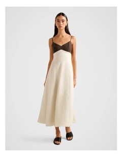 Ada Contrast Linen Midi Dress in Multi