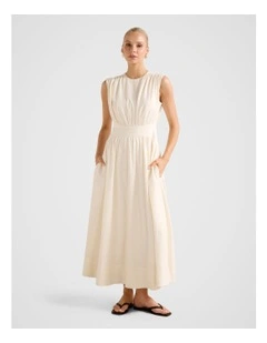 Isobel Tapered Waist Linen Midi Dress in Cream