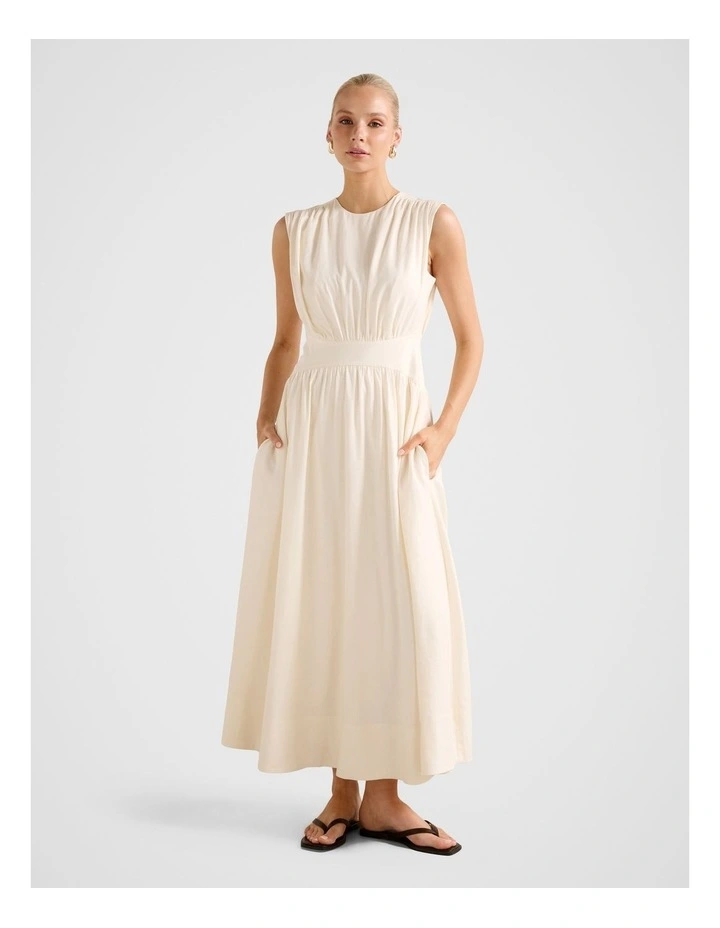 Isobel Tapered Waist Linen Midi Dress in Cream image 1