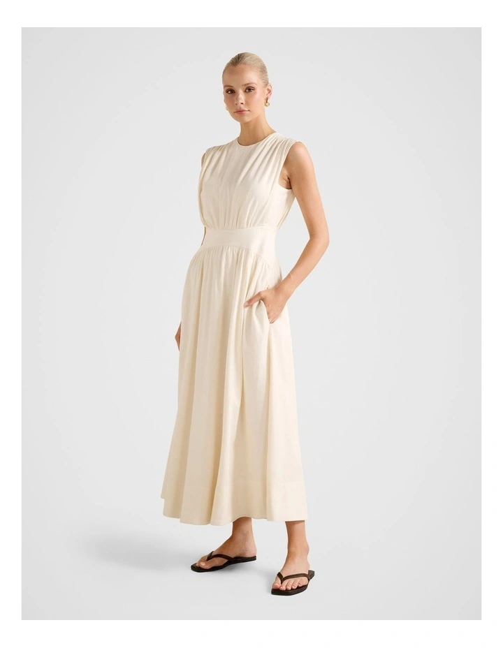 Isobel Tapered Waist Linen Midi Dress in Cream image 3