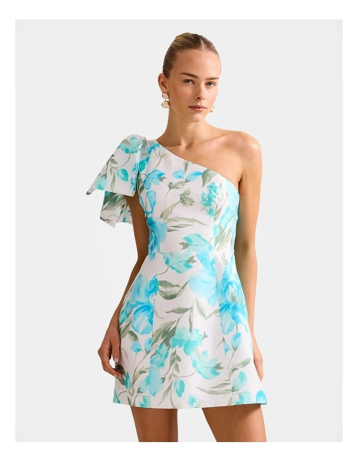 Darcy One Shoulder Bow Mini Dress in Multi image 1