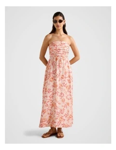 Matisse Ruched Strapless Linen Midi Dress in Multi