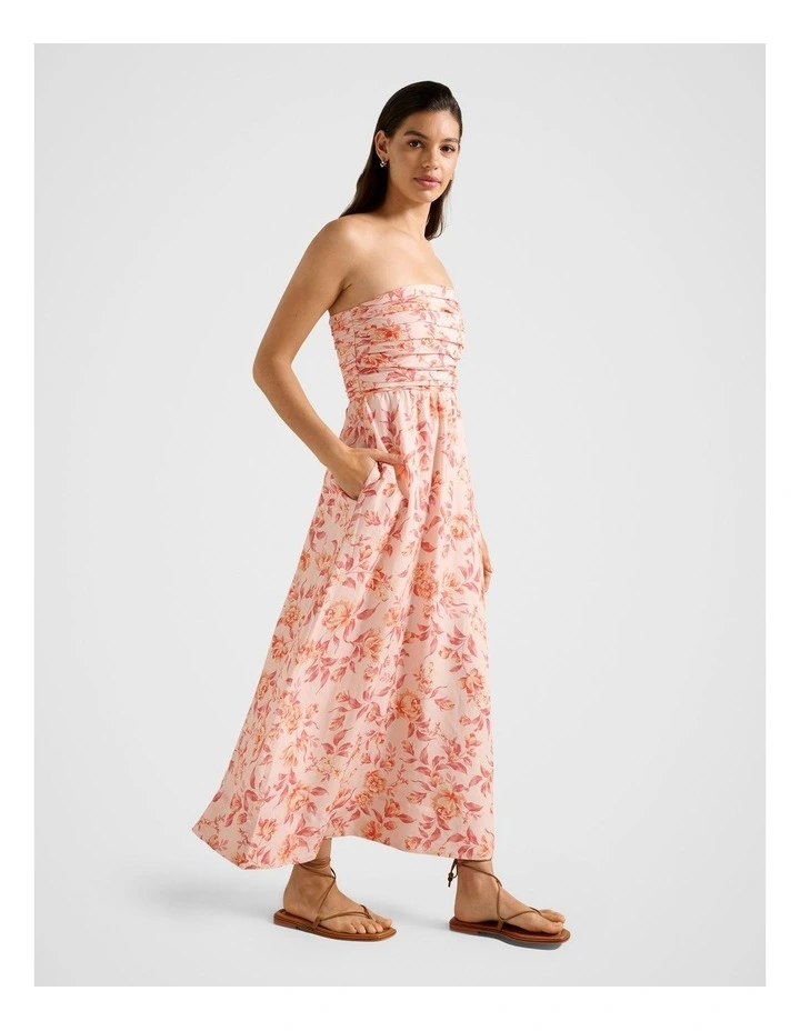 Matisse Ruched Strapless Linen Midi Dress in Multi image 3