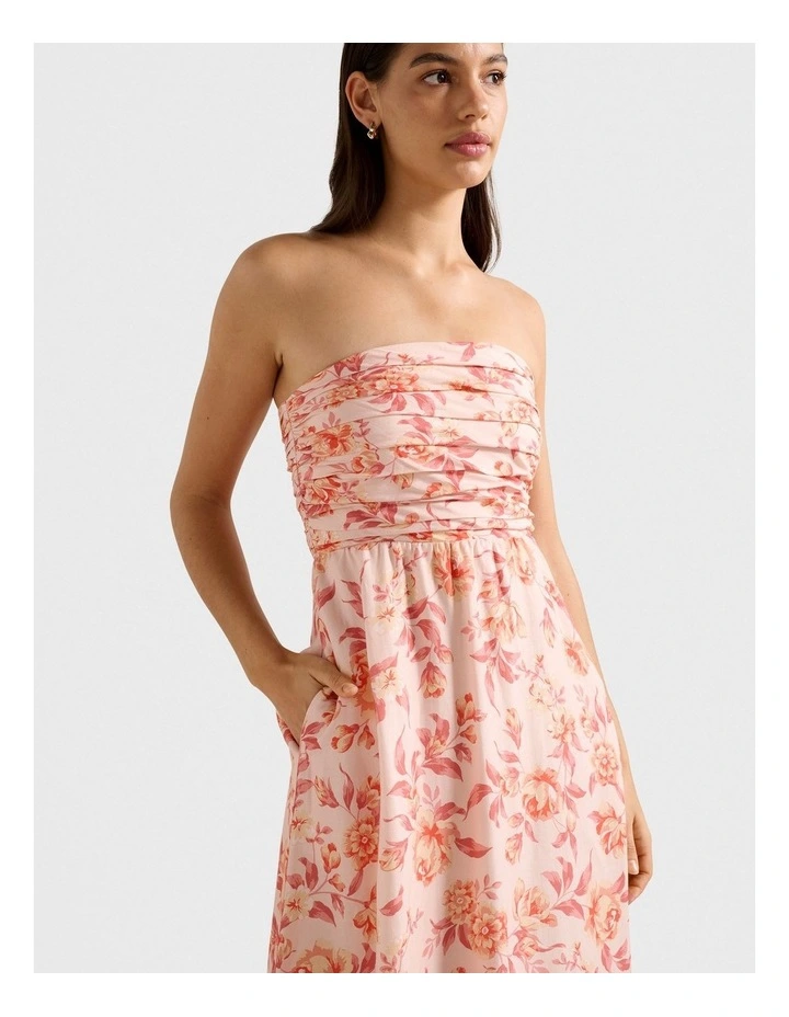 Matisse Ruched Strapless Linen Midi Dress in Multi image 4