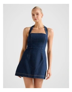 Ava Denim Halter Neck Mini Dress in Blue