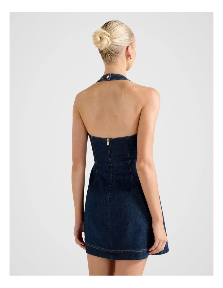 Ava Denim Halter Neck Mini Dress in Blue image 2