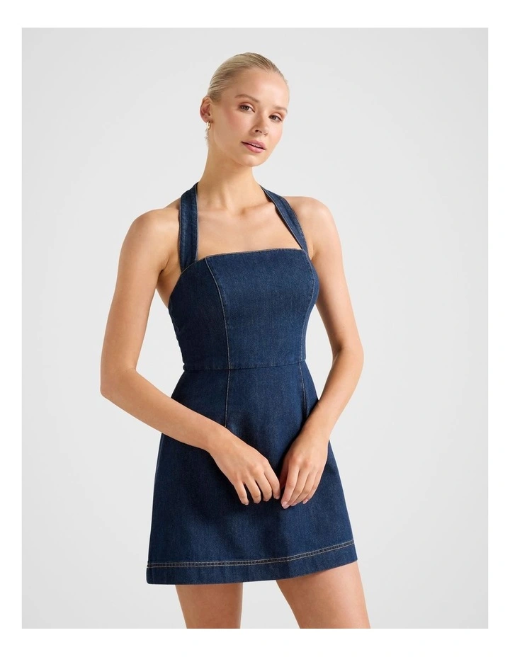 Ava Denim Halter Neck Mini Dress in Blue image 3