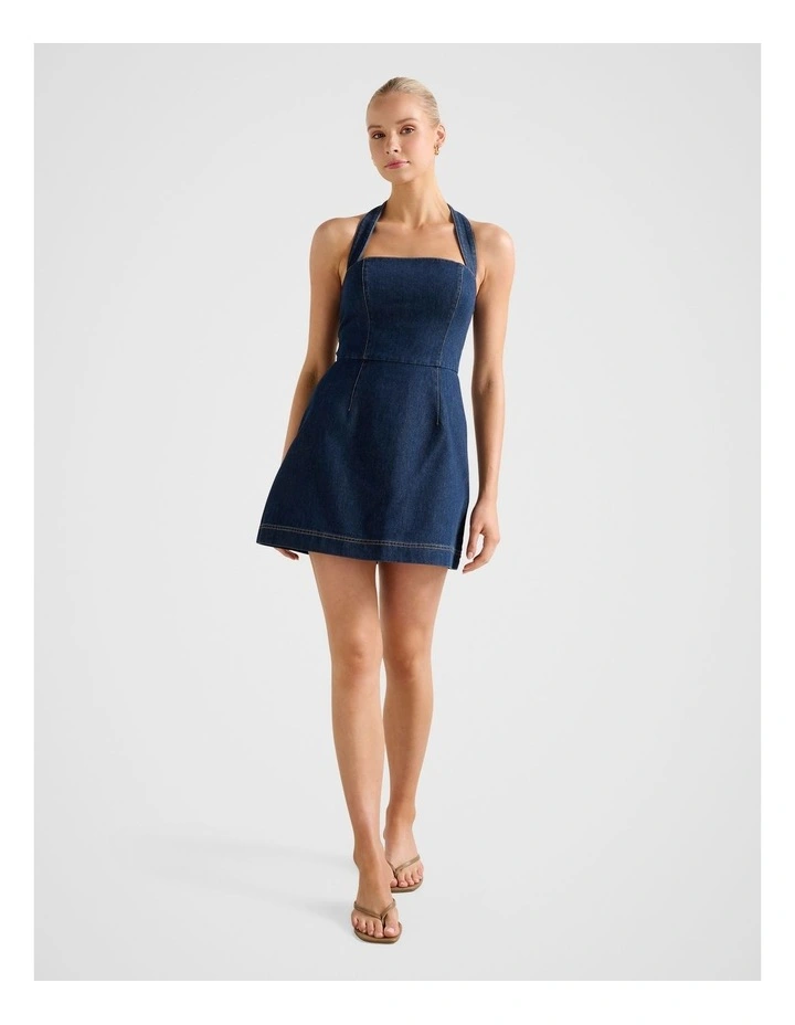 Ava Denim Halter Neck Mini Dress in Blue image 5