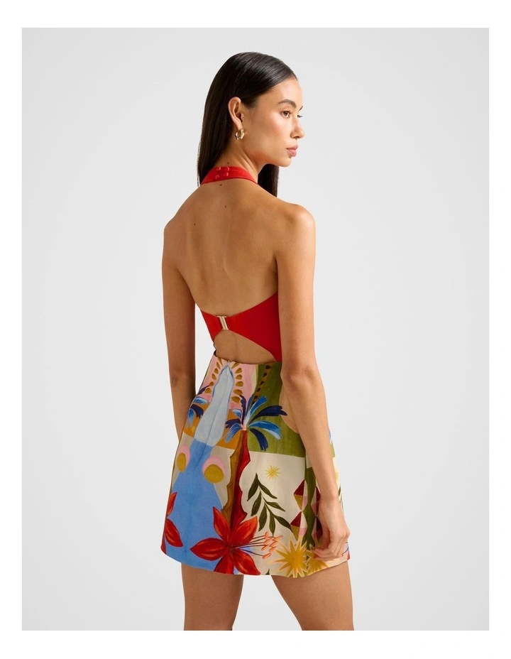 Keely Halter Neck Linen Mini Dress in Multi image 2