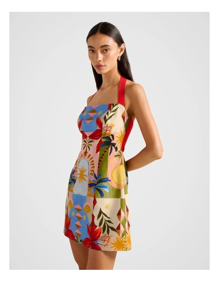 Keely Halter Neck Linen Mini Dress in Multi image 3