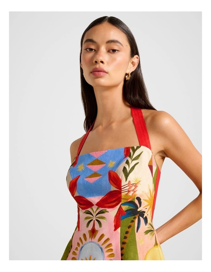 Keely Halter Neck Linen Mini Dress in Multi image 4