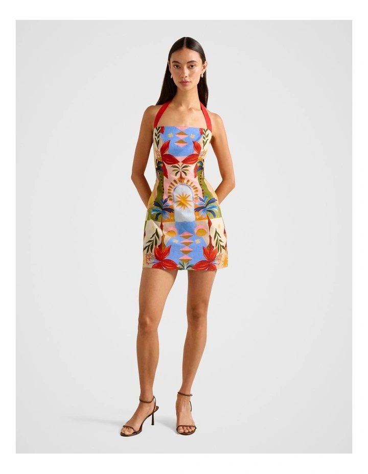 Keely Halter Neck Linen Mini Dress in Multi image 5