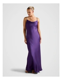 Presley Diamante Strap Satin Maxi Dress in Purple