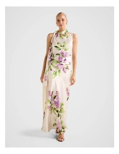 Ariane Tassel Scarf Satin Maxi Dress in Multi