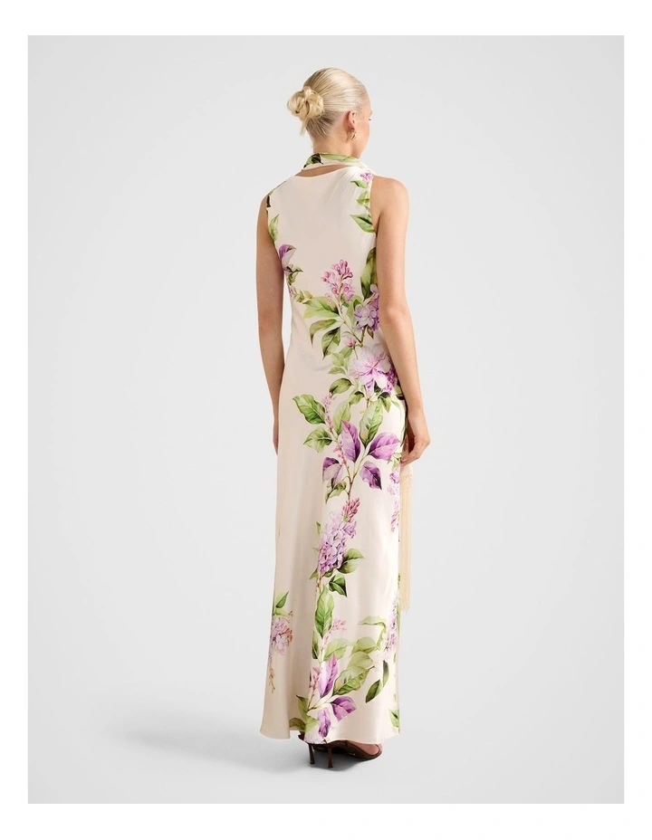 Ariane Tassel Scarf Satin Maxi Dress in Multi image 2
