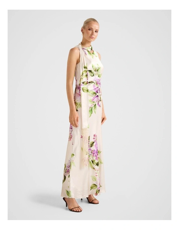 Ariane Tassel Scarf Satin Maxi Dress in Multi image 3