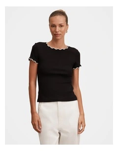 Rebecca Scallop Trim Tee in Black