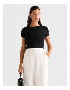 Rebecca Scallop Trim Tee in Black