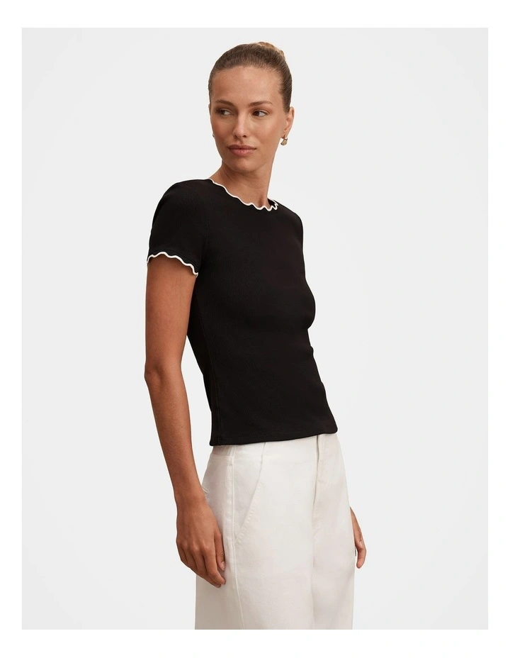 Rebecca Scallop Trim Tee in Black image 3