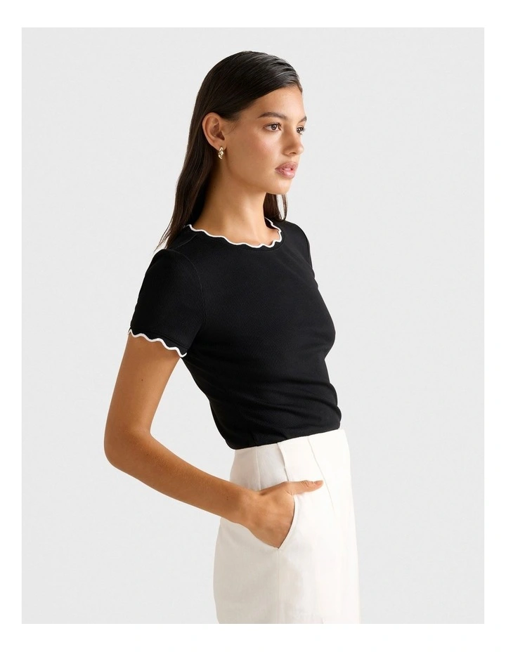 Rebecca Scallop Trim Tee in Black image 3